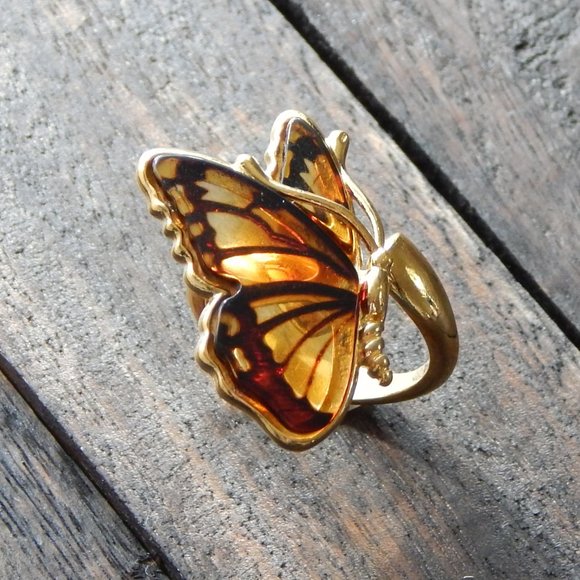 DirtyBombBoutique.com Jewelry - Natural Baltic Amber 14K Gold Plated Adjustable Butterfly Ring